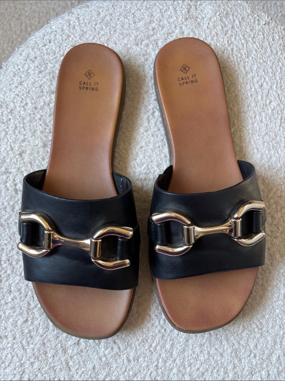 Call It Spring Rima Horsebit Slide Sandals Black Gold Size 7
